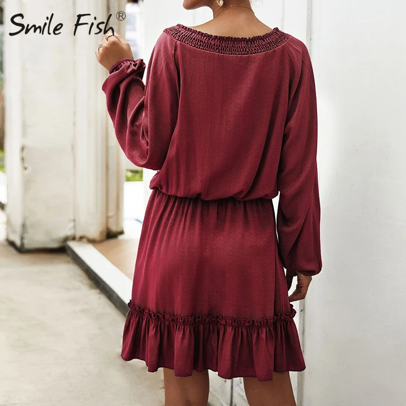 Tanie Kobiety sukienka Ruffles Kawaii śliczne dziewczyny jednolity kolor, długi rękaw, dekolt v Mini sukienki a line jesień zima Casual Ropa Mujer ubrania GV824