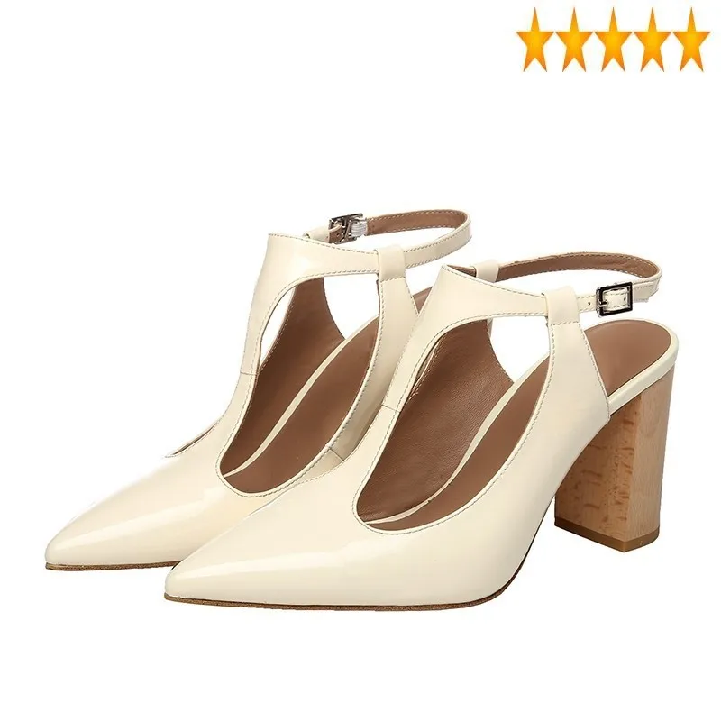 

Leather Classic Office Ladies Elegant Shoes Pointed Chunky Heels Summer Fashion Outside Buckle Strap Block Female Heel Sandals