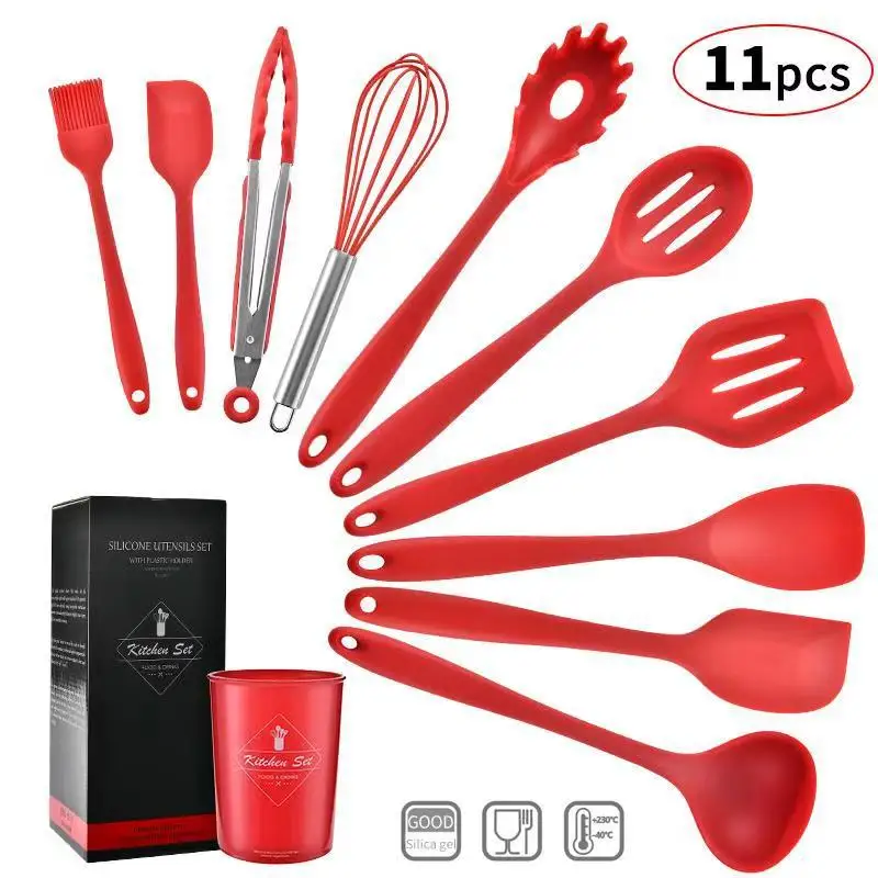 

11 Piece Silicone Kitchen Utensils Set Non-Stick Spatula Soup Ladle Whisk Tongs Nonstick Cookware Set Cooking Tools Accessories