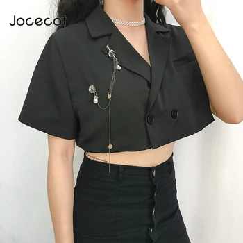 

Black Single Button Cropped Coats And Jackets Women Short Sleeve Turn-Down Collar Wide-Waisted Summer Jacket Autumn