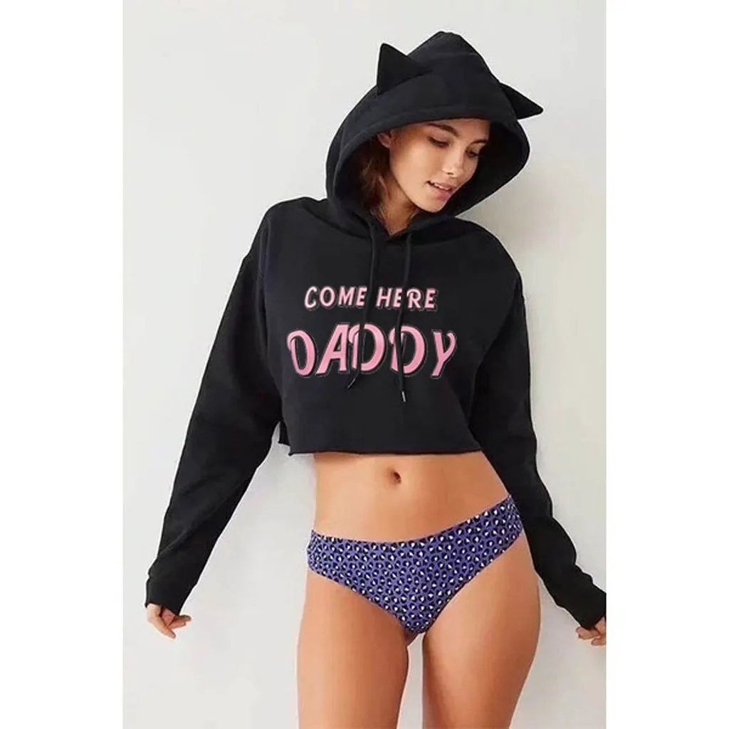 Hoodies Women Autumn 2019 Letter ears Hooded cute Kawaii Streetwear Crop Top Hoodie Hoodies And Sweatshirts Women Pullovers