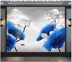 Пользовательские фото обои для стен 3 d Фреска новый китайский синий чернил линии рисунок цветок лотоса птица китайский пейзаж росписи