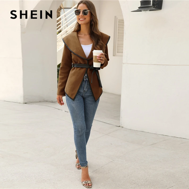 SHEIN однотонное контрастное повседневное пальто с воротником-водопадом и поясом для женщин, осень, уличная одежда с длинным рукавом, женская верхняя одежда