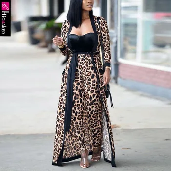 

Women Two Pieces Matching Sets Plus Size Classy Long Open Stitch Cardigans & Leopard Long Pants Set Sexy Autumn Winter Clubwear
