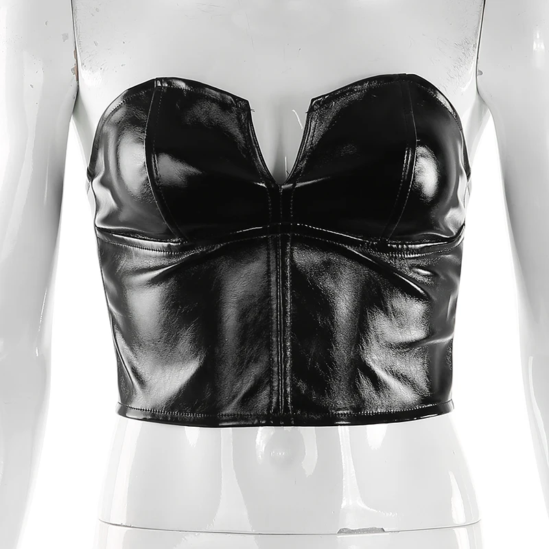 Black Top Darlingaga, уличная одежда, без бретелек, топ из искусственной кожи, женский, облегающий, черный, бандо, праздничная майка, на молнии, жилет, сексуальные топы, одежда - Цвет: Black Top
