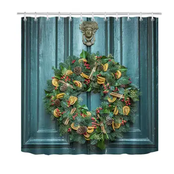 

Green Wooden Door Fabric Shower Curtain Set Bathroom Decor Christmas Wreath