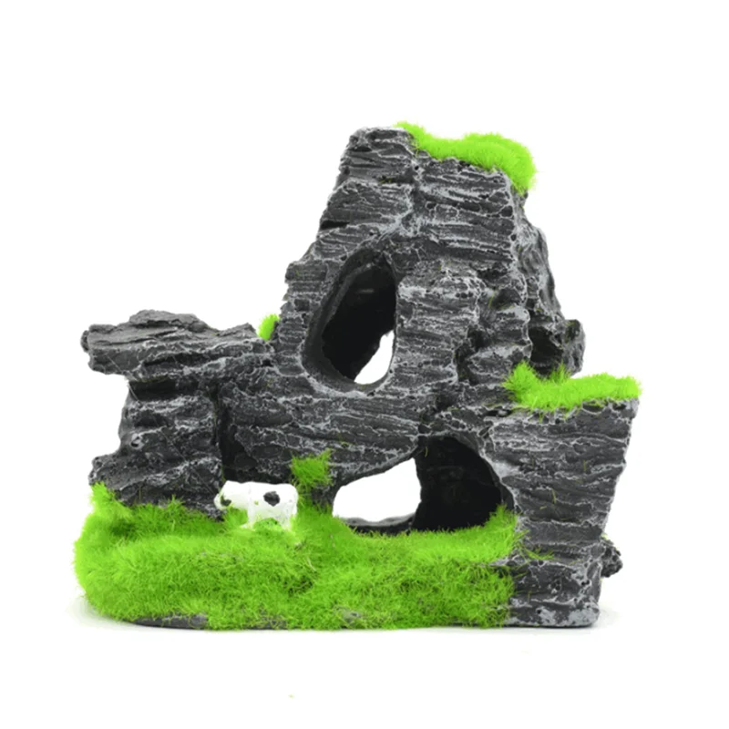 

HONGYI Resin Aquarium Ornamental Fish Tank Fish Shrimp Nest Moss Rock Mountain Shelter House Flocking Moss Rockery