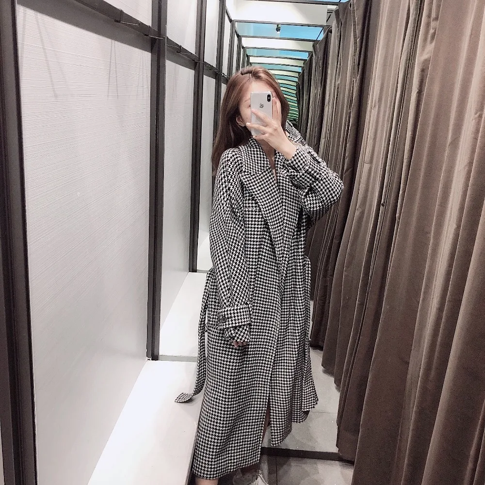 Autumn New Fashion Houndstooth Lapel Long-sleeved Woolen Women's Jacket Belt Chic Long Female Coat Tops