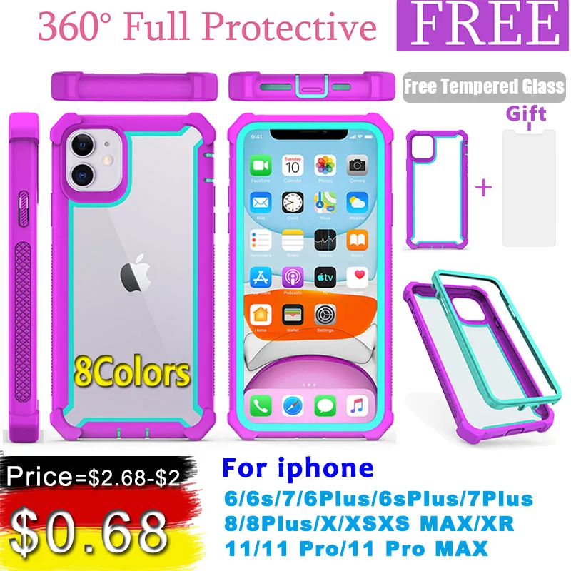 Чехол для iPhone 11 Pro XS Max XR 6 6S 7 8 Plus, усиленная защита, противоударный чехол из ПК+ ТПУ,, закаленное стекло