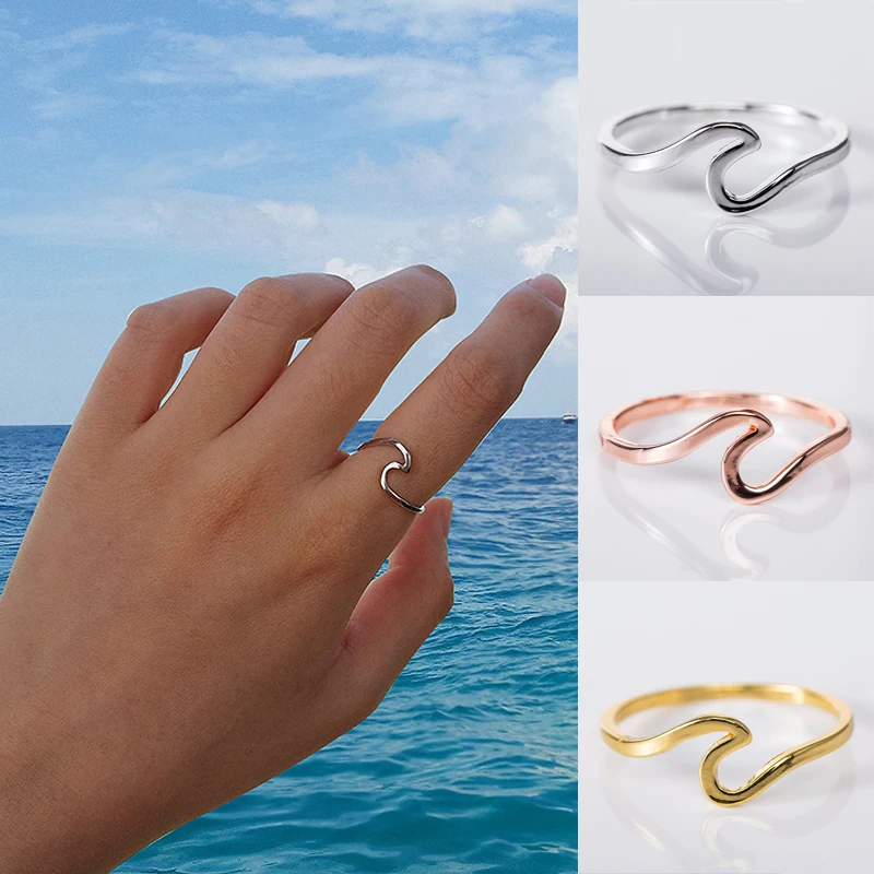 Anillos de ondas de mar de diseño Simple para mujer, sortija de aleación de Surf de mar, dedo de Color rosa, dorado y plateado, joyas simples de playa para surfista