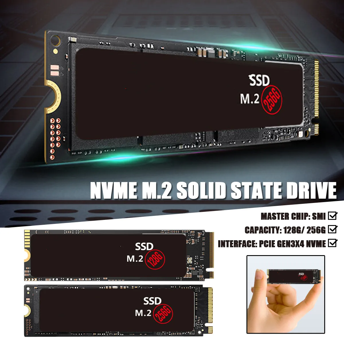 

Black 1.3 Solid State Drive PCI-E Gen3X4 Protocol M.2 128G 256G SSD Computer Memory for Desktop 80*22*2.4mm