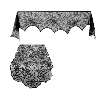 

2 Pack Halloween Decoration Spiderweb Fireplace Mantle Scarf (36X96 Inches) + Lace Table Runner (20X80 Inches) Black