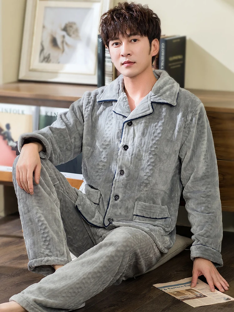 Winter Man's Coral Fleece Pajamas 2 Pieces Lounge Sleepwear for Men Pijama Bedgown 2021 Home Clothes PJ Grey Warm Thicken Pajama