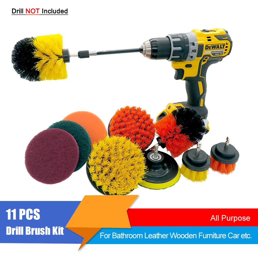 

11Pcs Drill Brush Power Scrub Pad Clean Brush Set For Leather Wooden Furniture Car Interiors Cleaning Power Scrub Cleaning kit