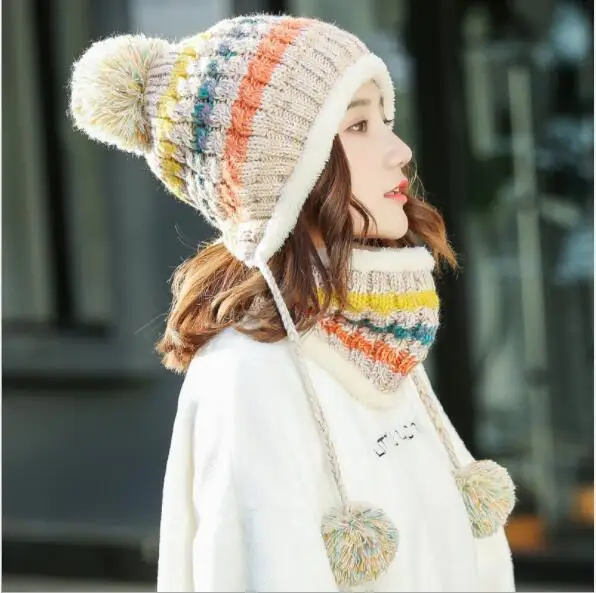 Женская зимняя шапка и снуд из плотного флиса, толстый теплый большой меховой помпон, вязаная шапочка-шарф, верхняя одежда, спортивные лыжные шапки - Цвет: Бежевый