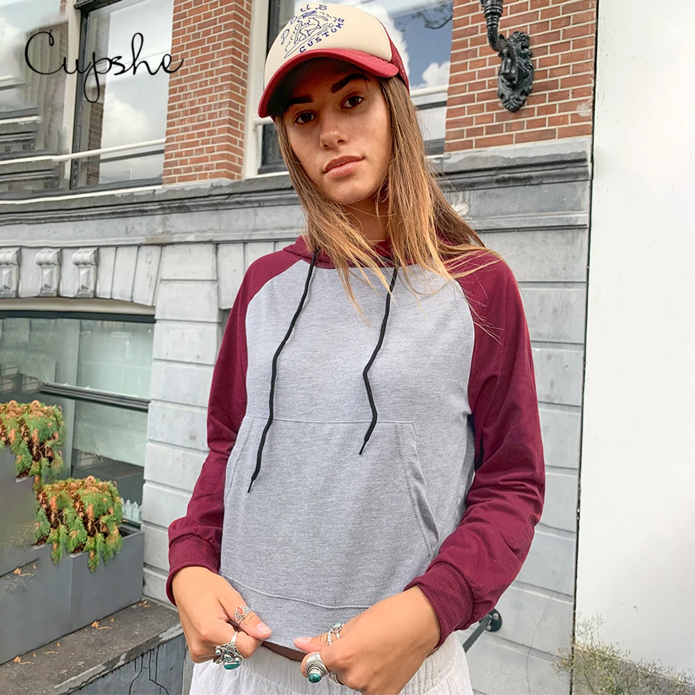 CUPSHE серая красная с завязками пуловер капюшоном Женская Повседневная длинным