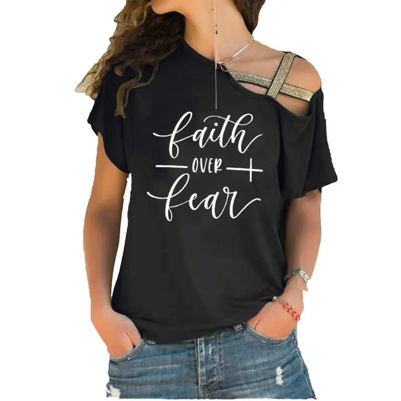 

Faith Over Fear T-shirt Women Fashion Inspired Religious Christian Church Tops Tees Irregular Skew Cross Bandage cotton tee tops