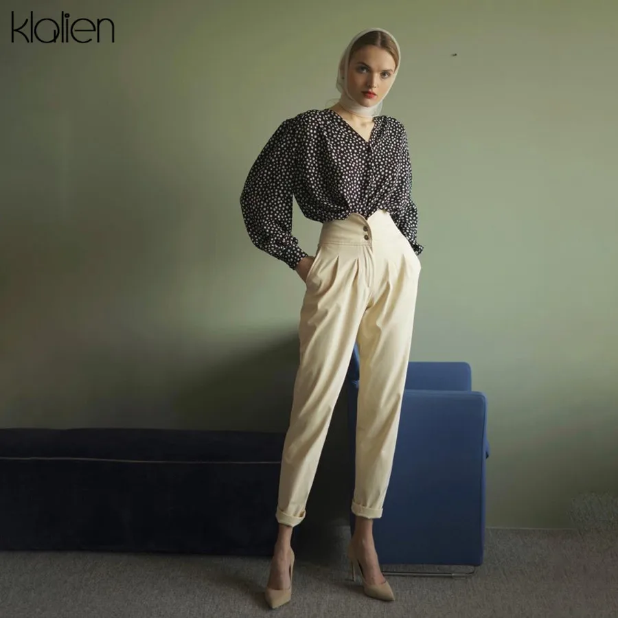 Klanien, высокая талия, Офисная Леди, элегантные, пуговицы, украшение, тонкие прямые брюки, горячая Распродажа, высокая уличная мода, брюки
