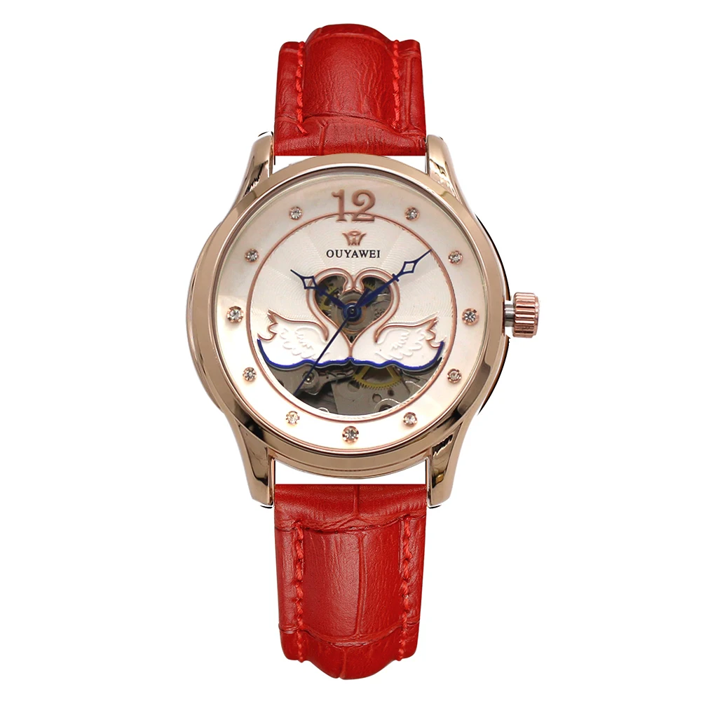 Женские автоматические механические часы скелетоны из натуральной кожи