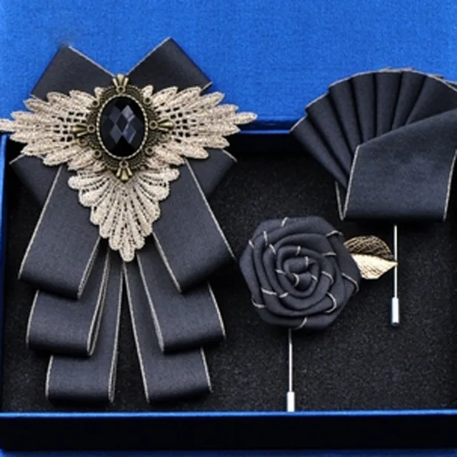 British New Fashion Men's Wedding Performance Groom Wedding-Party Flower Collar Bow Tie Pocket Towel Square Set Men Accessories Grey set