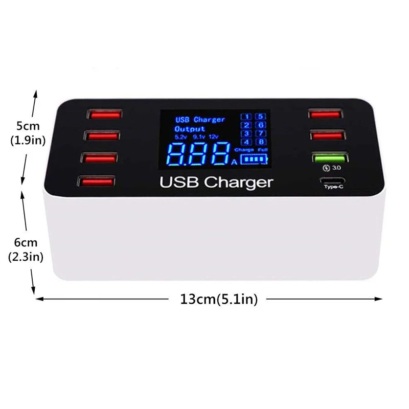 Digital Display LCD 8 Port USB Mobile Phone Smart Charger Tablet Quick Charge QC3.0 Type-C Quick Charging Head 40w XEDAIN