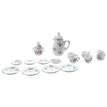 

Set of 15pcs 1/12 Dollhouse Miniature Dining Ware Porcelain Tea Set---Red Cherry