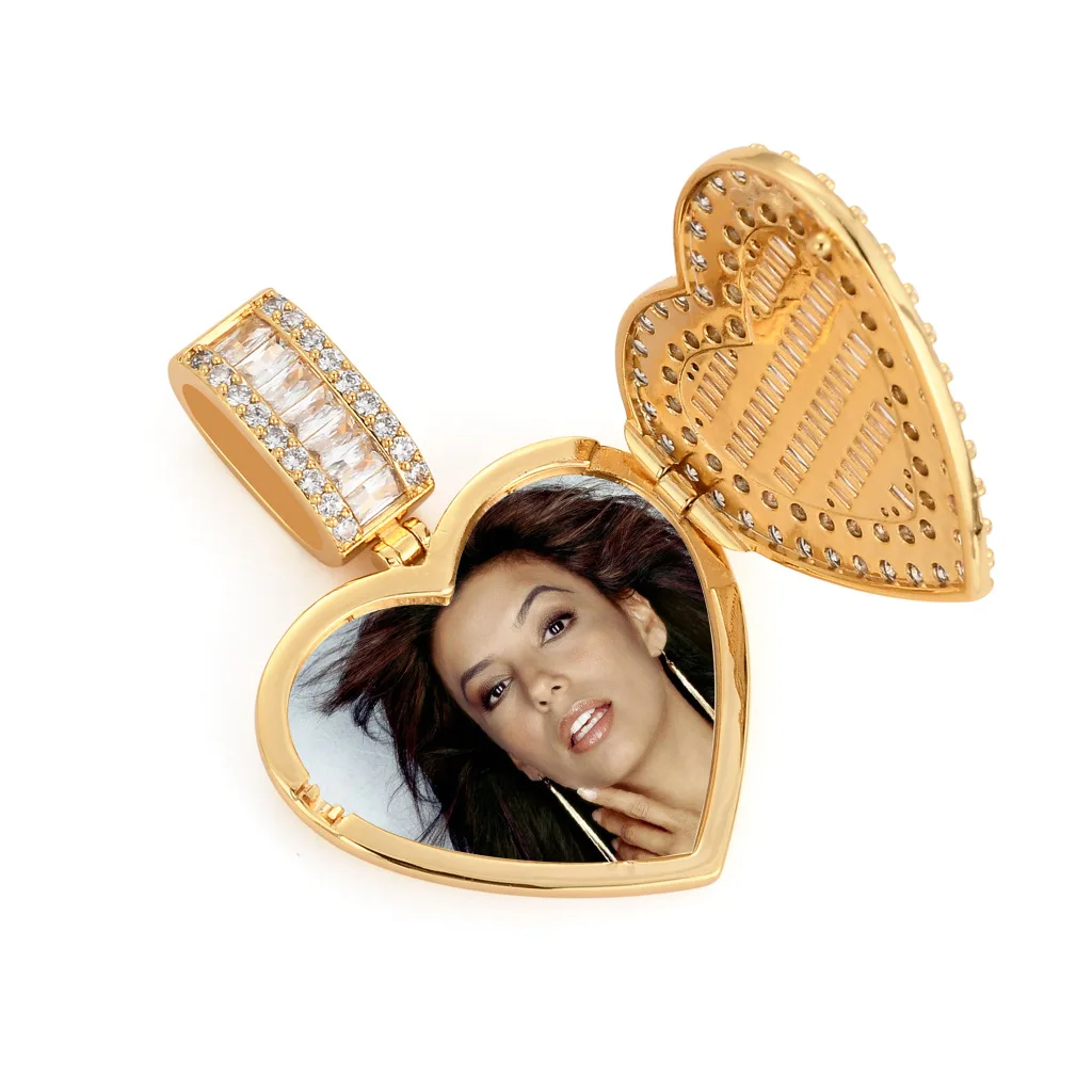 Can Be Opened Heart-shaped Photo Pendant Iced Zircon Cubic Zirconia Personalized Picture Necklace Hip Hop Custom Jewelry