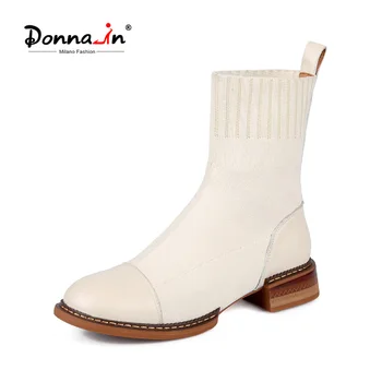 

Donna-in Winter Chelsea Boots Women Natural Genuine Leather Chunky Low Heel Socks Ankle Boots Square Toe Shoes Ladies Autumn 39