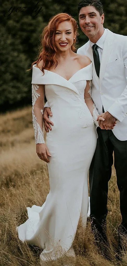 Vestido Noiva, модное свадебное платье с открытыми плечами, Русалка,, длинный рукав, аппликация, мягкий атлас, свадебное платье с пуговицами, W183