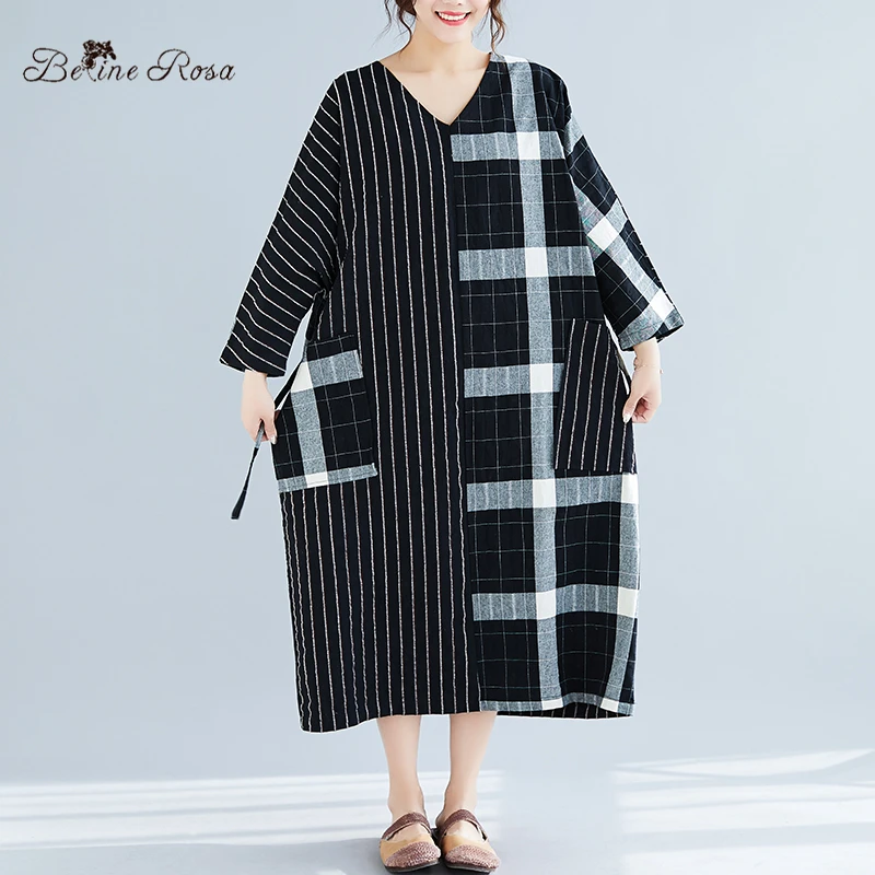 

BelineRosa Large Oversized Cotton Linen Dresses Women Plaid Striped 3XL 4XL 5XL Plus Size Women Clothing MNWY0001