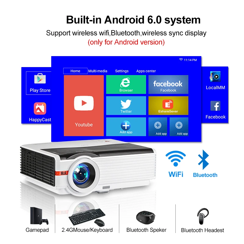 Caiwei A9/A9AB Smart Android 6.0 WiFi LED 1080p Projector Home Cinema 8000 Lumens Full HD Video Mobile Beamer For Smartphone TV