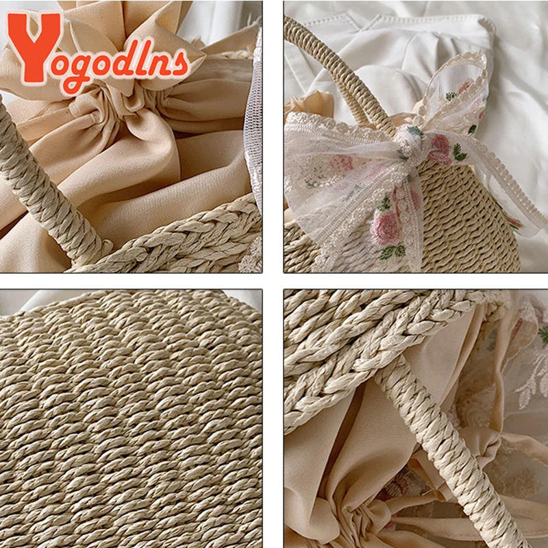 Yogodlns Summer New Lace Straw Handbag Female Large Capcacity Rattan Beach Bag Travel Vacation Bag Handmade Girl Bucket Bag Tote