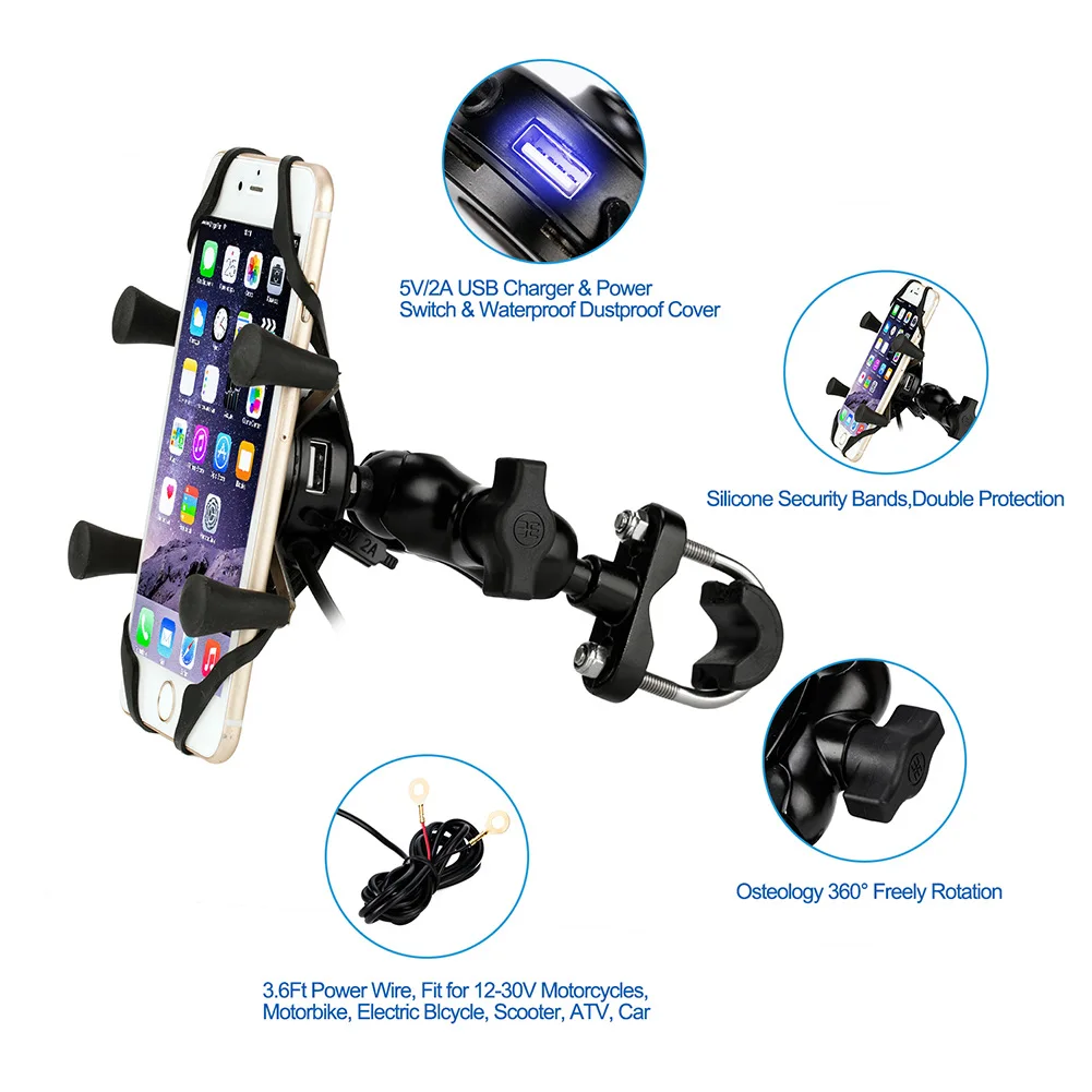 

Chargeable Motorcycle Phone Holder 2 in 1 Phone Bracket USB 360 Motorbike Universal Rotating Mount Mobile Rearview Phone Stand