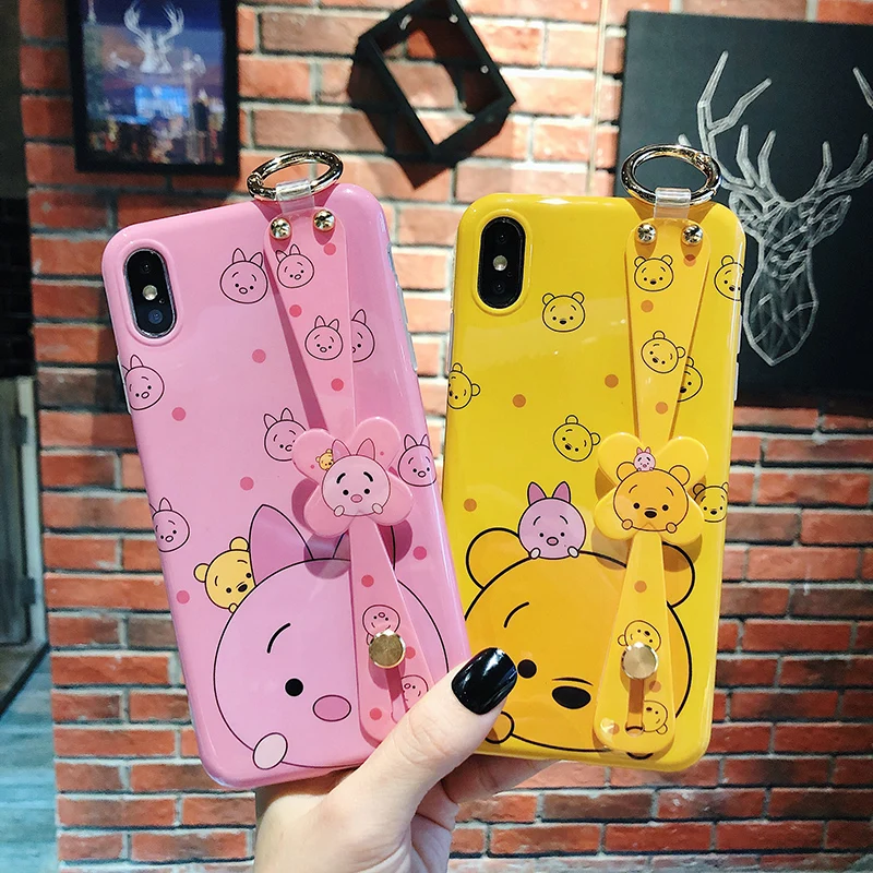 

For iphone XS max XR X Cute piglet winnie Wrist strap soft Phone Case For iPhone 8plus 7 7p 6 6p X XR cartoon Shell cover