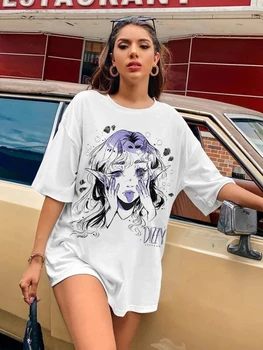 Women Casual Tshirt White Cartoon Funny Girl Printed Streetwear Female Tops Tee Short Sleeve Fashion