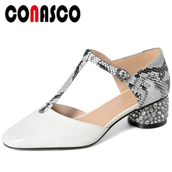 

CONASCO Fashion Elegant Women Pumps Rhinestone Thick High Heels Spring Summer New T-Strap Round Toe Wedding Casual Shoes Woman