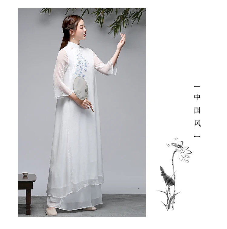 Китайский стиль, весна и лето, Xian Qi, китайский костюм, стоячий воротник, чайный сервис, дзен сервис, для танцев, с вышивкой, большой подол