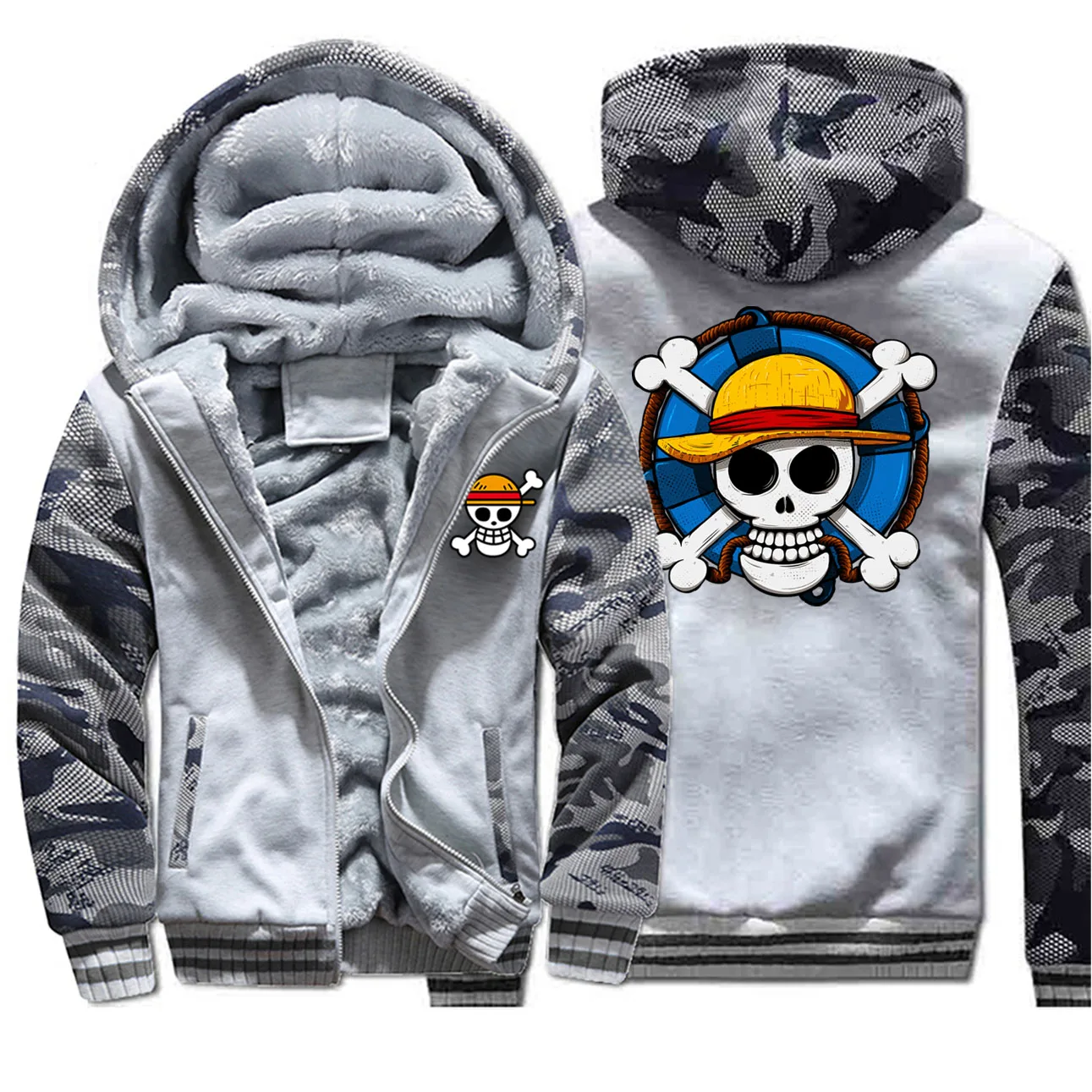One piece Skull Luffy Мужская камуфляжная Толстая Толстовка с капюшоном, зимняя японская аниме Harajuku уличная куртка, пальто в стиле хип-хоп, куртка на молнии - Цвет: Light Gray 6