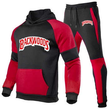 

Men's Fashion Casual Run Sportswear Hoodie/Sweatshirt Sportswear Hooded + Pants Block Patchwork Clothing Set Streetwear 2020