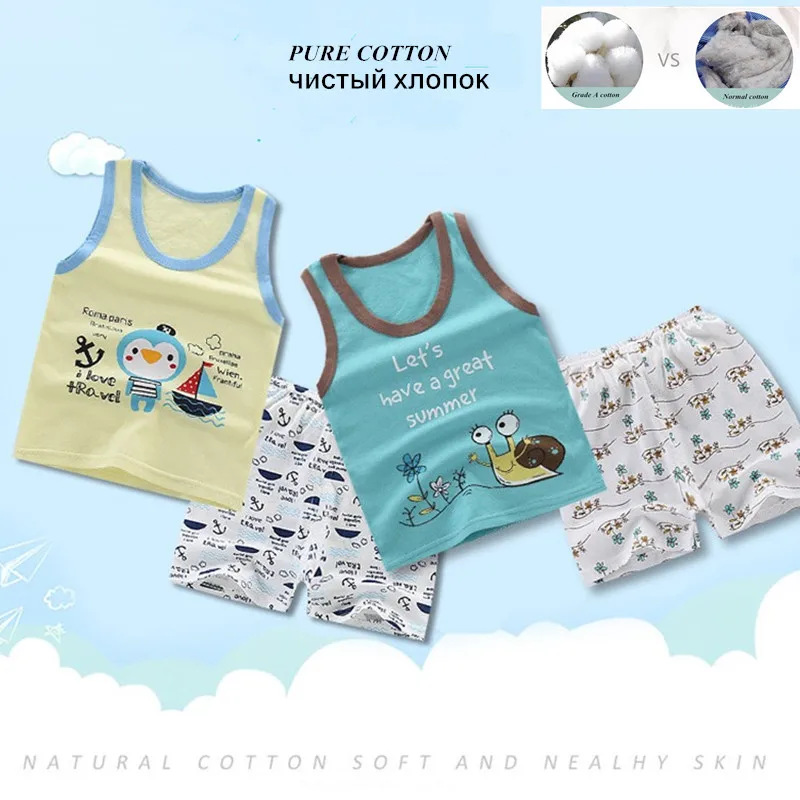 Summer Girl Boys Pajamas Sets Children's Clothing Suits Vest+Pants Sleepwear 100% Cotton Cartoon Pyjamas baby Kids Pijamas | Детская