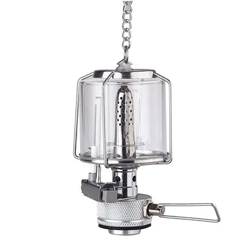 

New-Mini Portable Hanging Camping Lantern Gas Light Tent Lamp Torch Glass Lamp Chimney Butane 80LUX Silver