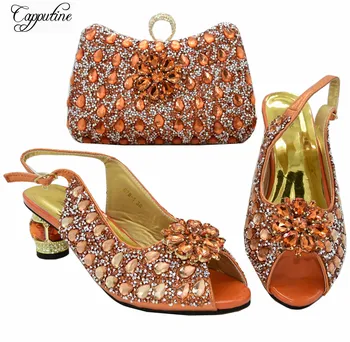 

Charming Orange Party Sandals With Handbag African Women's High Heel Shoes And Purse Bag Set With Stones 678-1 Heel Height 6.5CM