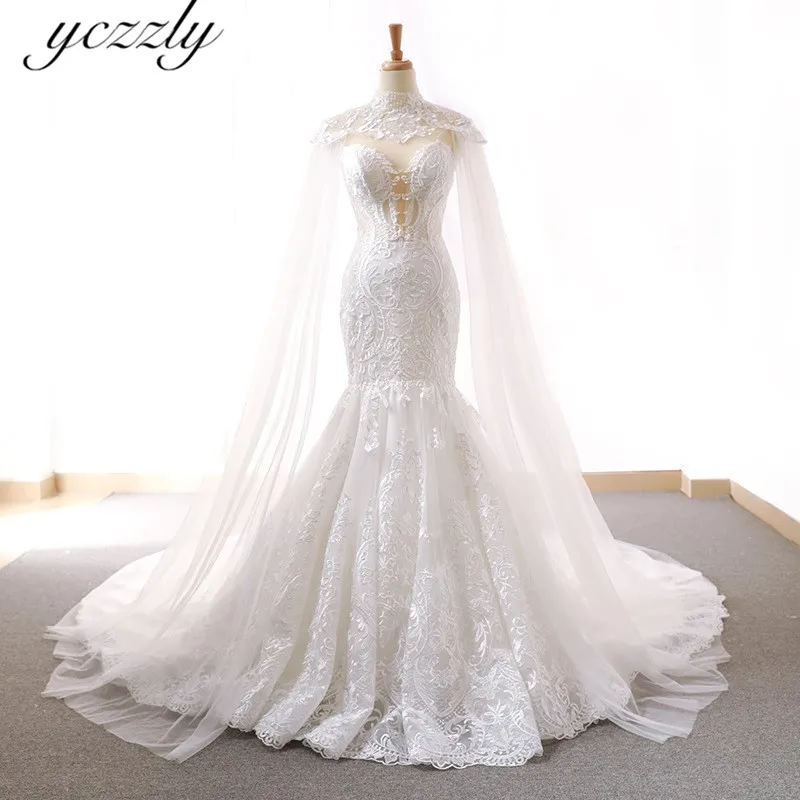 

Sexy Sweetheart Mermaid Wedding Dresses With Cape Women Lace Appliques Crystal Bridal Gown Vestidos De Novia Color Marfil W95