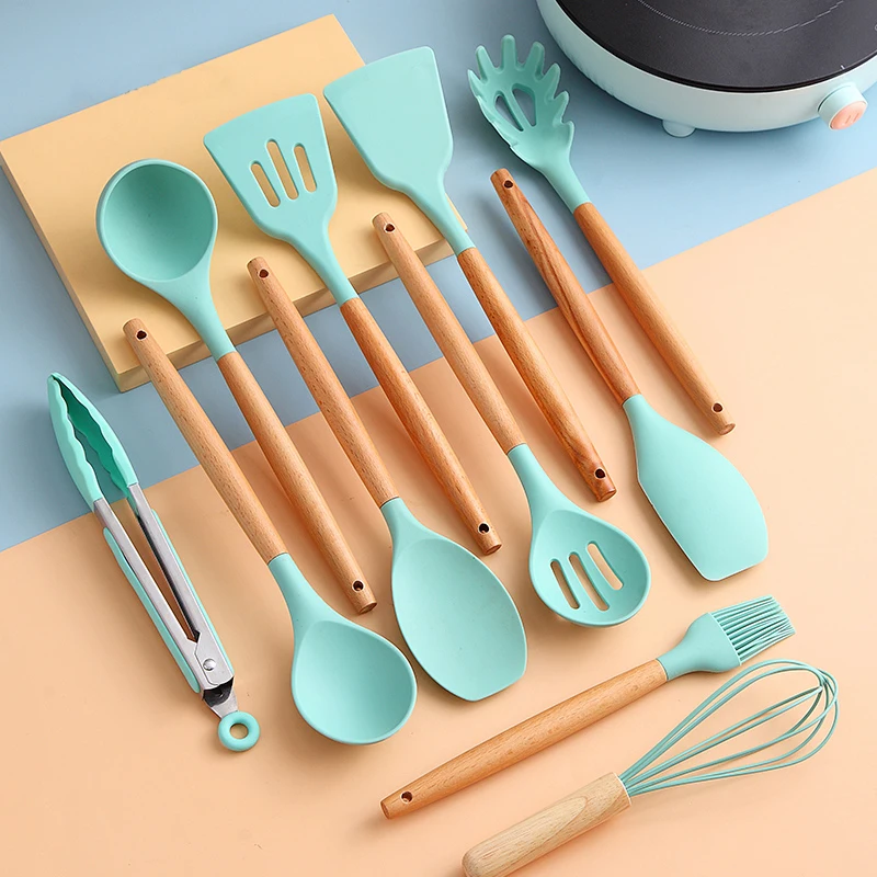 12Pcs/Set Silicone Kitchen Utensils Cooking Non-stick Spatula Shovel Tongs  Soup Ladle Wooden Handle Stainless Steel Storage Box