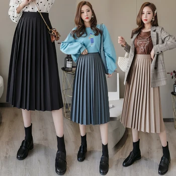 

2020 Spring Summer Pleated Skirts Womens White Black Slim Elastic High Waist Skirt Vintage Casual Elegant Skirts Faldas Mujer