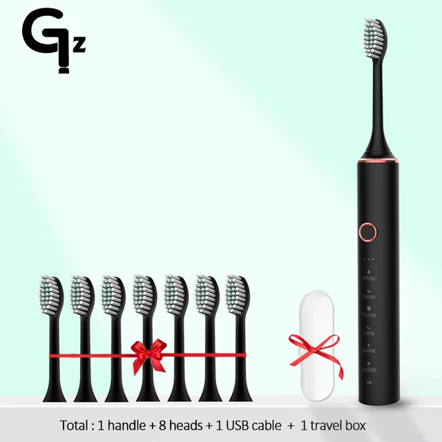 GeZhou Electric Toothbrush Sonic Toothbrush Rechargeable IPX7 Waterproof 6 Mode Travel Toothbrush with 8 Brush Head best gift N100black 8 box