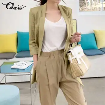 

2020 Fashion Celmia Women Blazers Autumn Korean Coats Female 3/4 Sleeve Solid Elegant Office Blazer Plus Size Loose Formal Coats