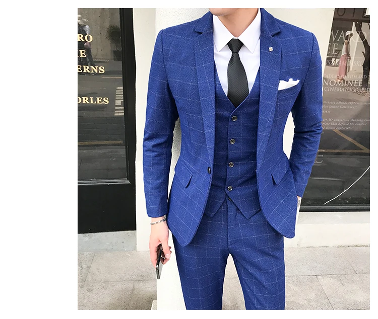 Warm Thick Set Men's Autumn And Winter Plus Size British Plaid Suit Male Korean Version Of The Self-cultivation Three-piece