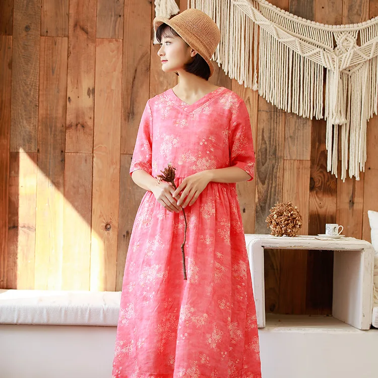 

Women Spring Summer Three Quarter Sleeve Ramie Dress Ladies Vintage Ramie Dresses Female 2020 Printed Dress