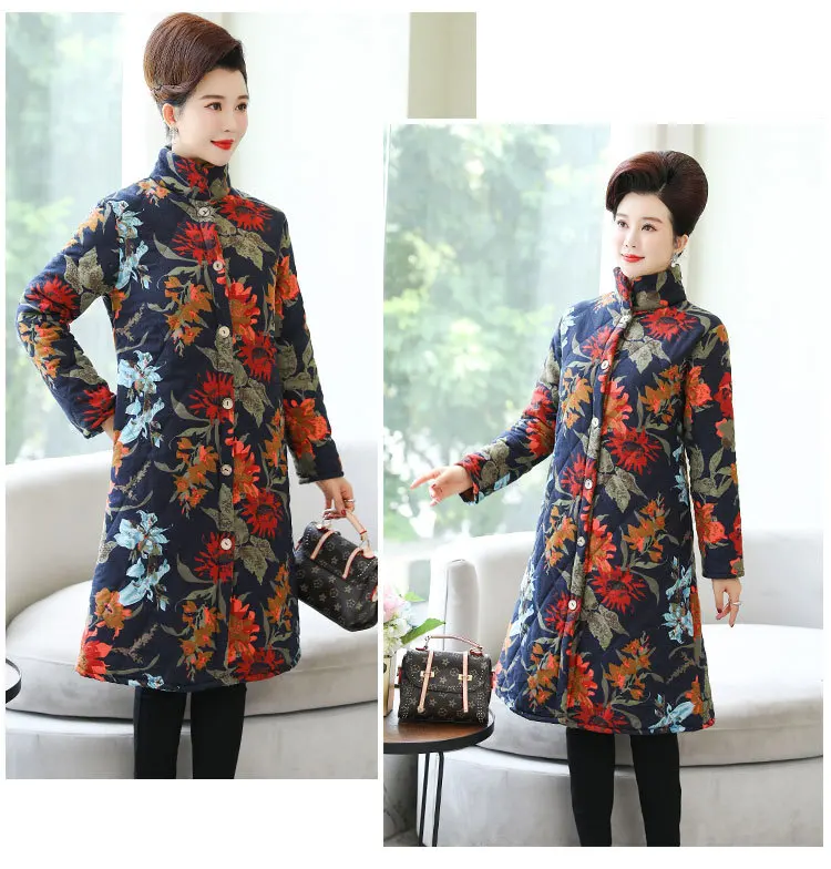 Autumn And Winter Large Size Ethnic-Style Middle-aged Women Dress Cotton Linen Padded plus Velvet Cotton-padded Clothes Mid